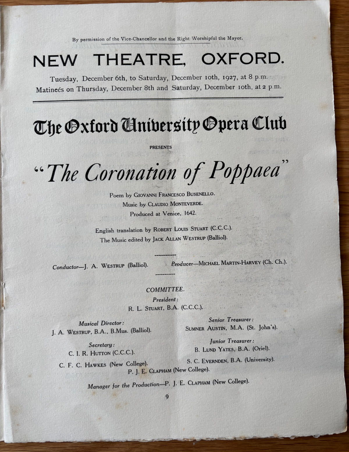 John Aldridge PROGRAMME 1927 OUOC Oxford University Great Bardfield CORONATION OF POPPAEA