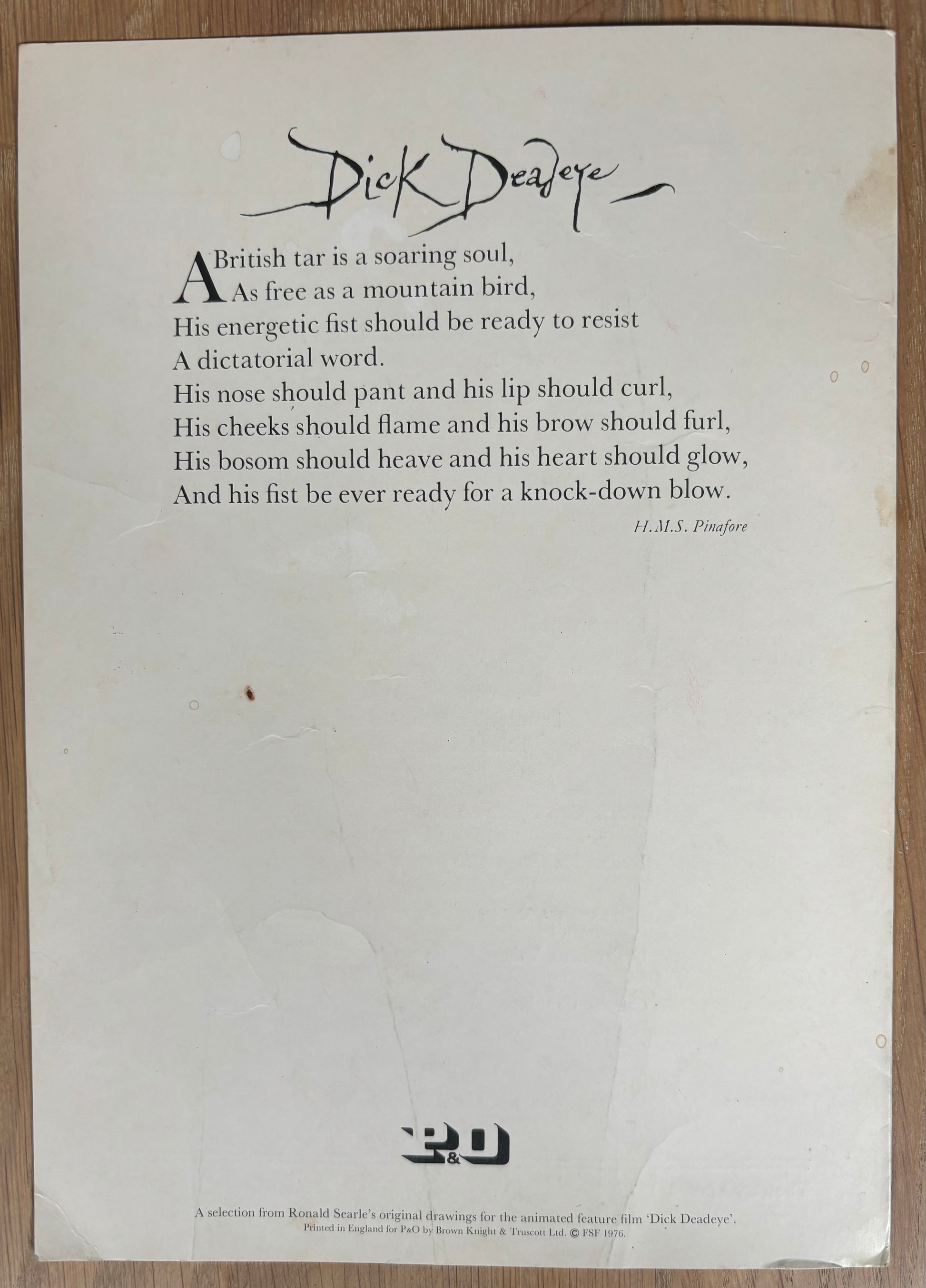 Ronald Searle SS CANBERRA Cruise Menu Card May 4, 1976 DICK DEADEYE SAILOR - transpontinebooks