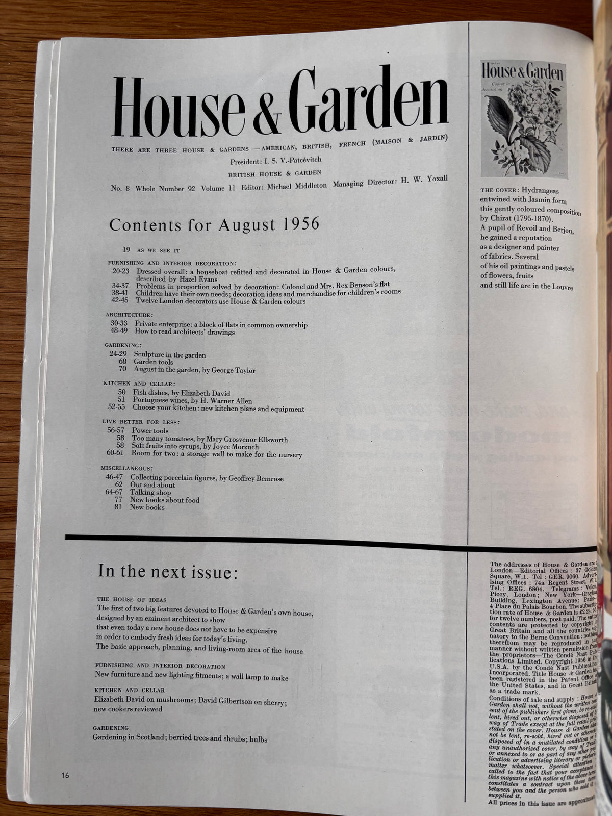 HOUSE AND GARDEN Magazine AUGUST 1956 Elizabeth David COLOUR IN DECORATION