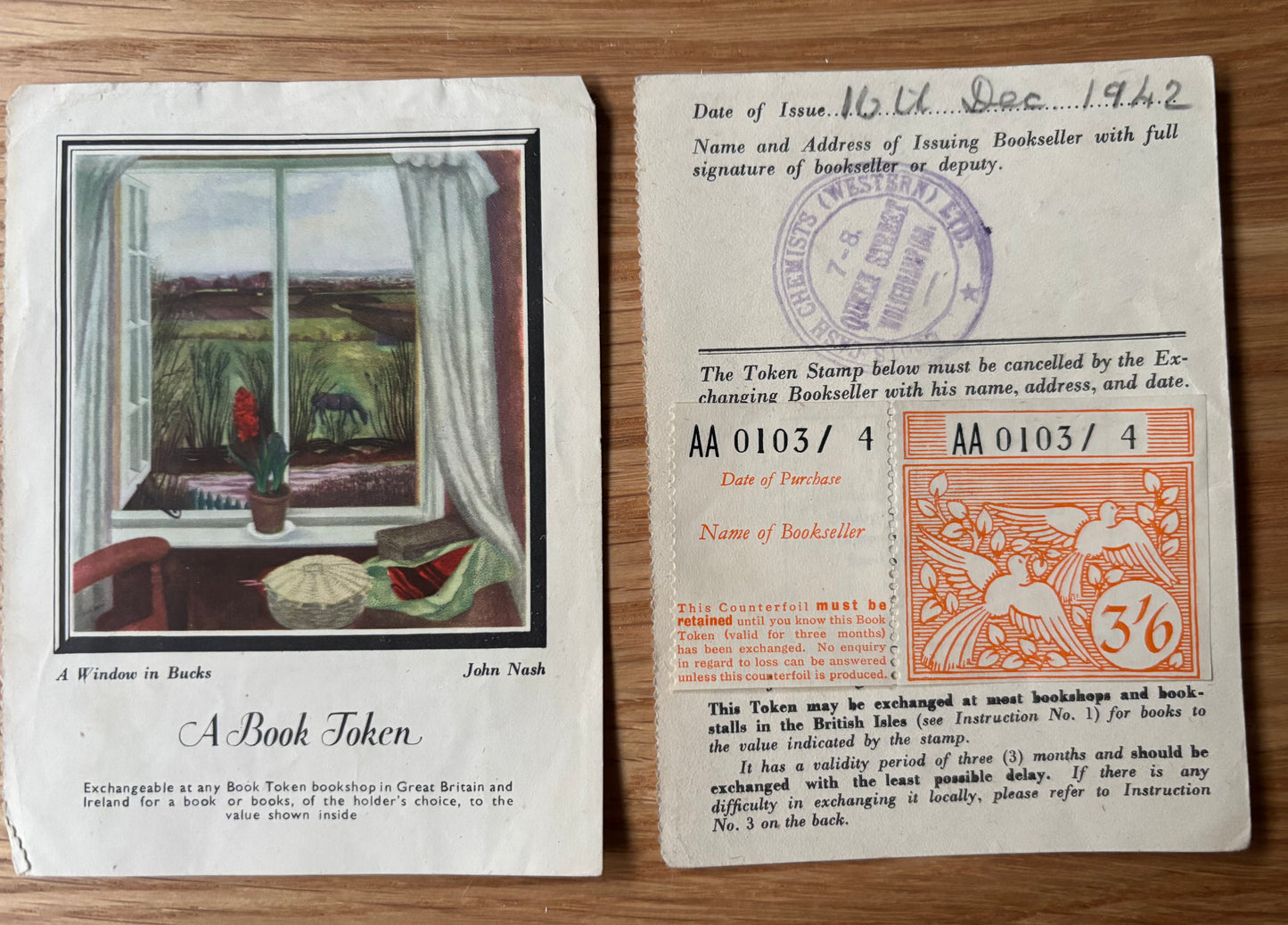 John Nash 1940’s VINTAGE BOOK TOKEN/ BOOK PLATE 1942 A Window in Bucks