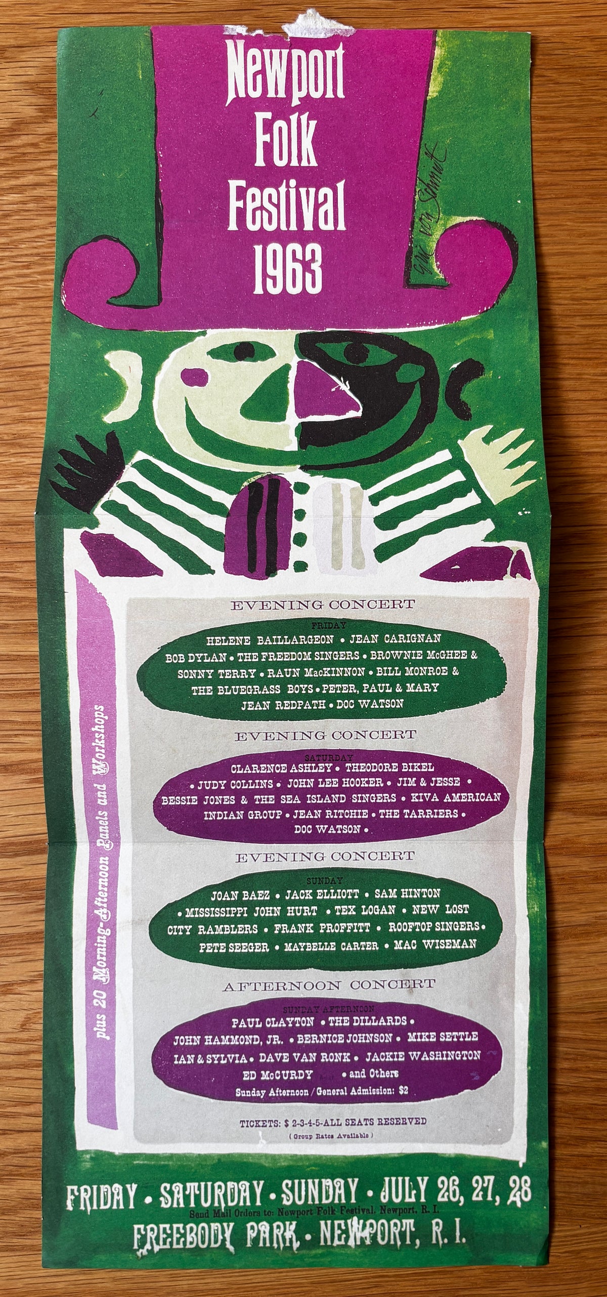 Eric Von Schmidt Reproduction NEWPORT FOLK FESTIVAL 1963 POSTER Flyer Bob Dylan Joan Baez